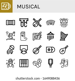Set of musical icons. Such as Harmonic, Filter, Violin, Accordion, Birthday, DJ, Valenki, Note, Wind chimes, Harp, Karaoke, Drums, Mandolin, Cds, Lute, Piano , musical icons