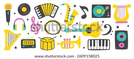 Set of musical icons. Vector flat hand drawn illustration in cartoon style