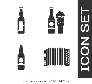 Set Musical instrument accordion, Beer bottle, Beer bottle and Beer bottle and glass icon. Vector