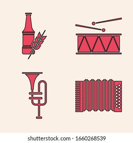 Set Musical instrument accordion, Beer bottle, Musical instrument drum and drum sticks and Musical instrument trumpet icon. Vector