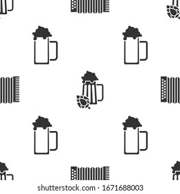 Set Musical instrument accordion, Glass of beer and hop and Glass of beer on seamless pattern. Vector