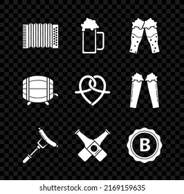 Set Musical instrument accordion, Glass of beer, Sausage the fork, Crossed bottle, Bottle cap with inscription, Wooden barrel rack stopcock and Pretzel icon. Vector