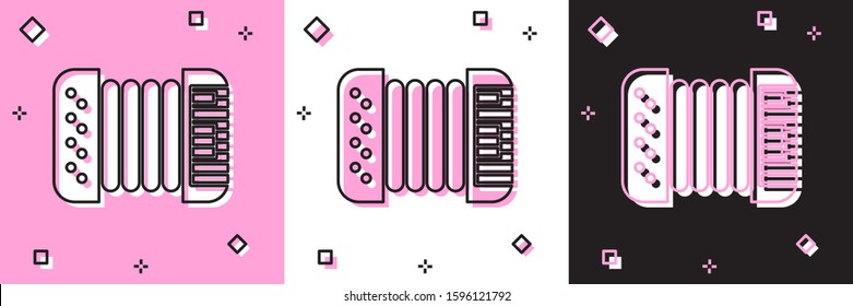 Set Musical instrument accordion icon isolated on pink and white, black background. Classical bayan, harmonic.  Vector Illustration