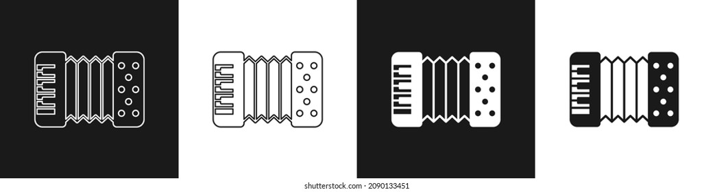 Set Musical instrument accordion icon isolated on black and white background. Classical bayan, harmonic.  Vector