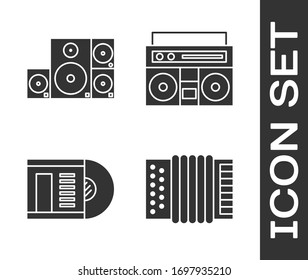 Set Musical instrument accordion, Stereo speaker, Vinyl disk and Home stereo with two speakers icon. Vector