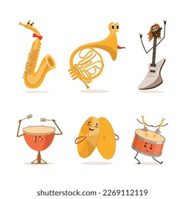 Set of musical instrument characters. Saxophone, tuba, guitar, drum, cymbals, cartoon vector illustration