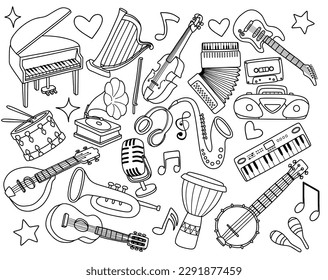 set of musical instrument doodle.