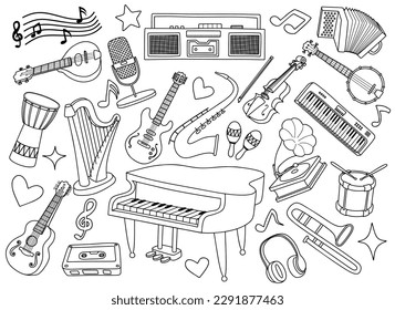 set of musical instrument doodle.