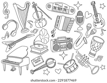 conjunto de instrumentos musicales doodle.