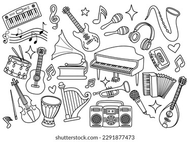 set of musical instrument doodle.