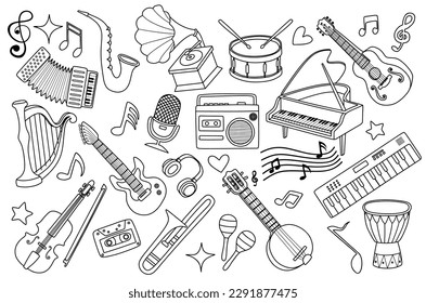 conjunto de instrumentos musicales doodle.