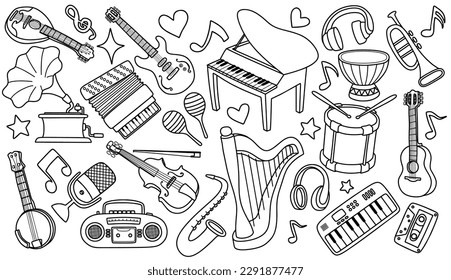 conjunto de instrumentos musicales doodle.