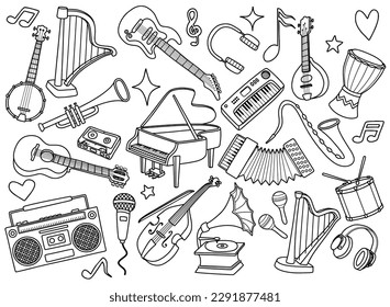 set of musical instrument doodle.