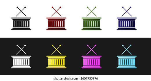 Set Musical instrument drum and drum sticks icon isolated on black and white background.  Vector Illustration