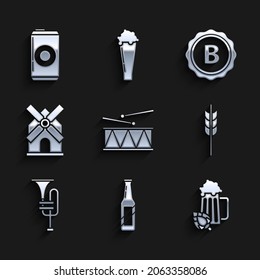 Set Musical instrument drum and drum sticks, Beer bottle, Glass of beer hop, Cereals set with rice, wheat, corn, oats, rye, barley, trumpet, Windmill, Bottle cap inscription and can icon. Vector