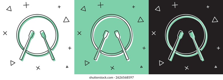 Definir instrumento musical tambor e baquetas ícone isolado em branco e verde, fundo preto.  Vetor