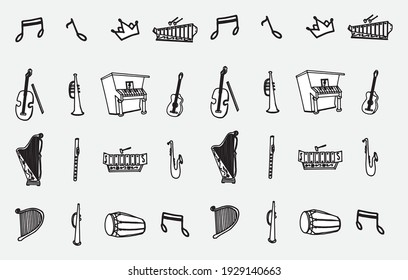 set of musical instrument with notes and crown. musical instrument vector illustration. hand drawn vector. harp, flute, violen, guitar, piano. doodle art for clipart, sticker, logo, label, cover.