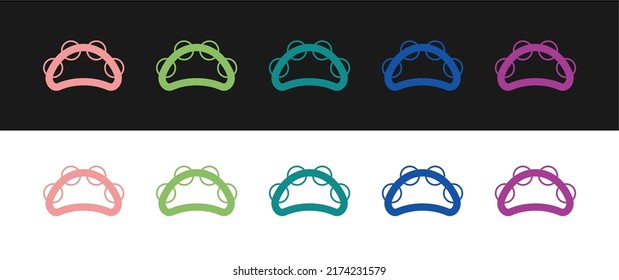 Set Musical instrument percussion tambourine, with metal plates icon isolated on black and white background.  Vector