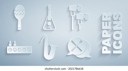 Set Musical instrument saxophone, Air headphones, Sound mixer controller, Drum sticks, Guitar and Maracas icon. Vector