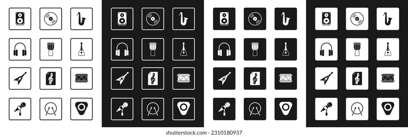 Set Musical instrument saxophone, Drum, Headphones, Stereo speaker, Guitar, Vinyl disk,  and Electric bass guitar icon. Vector