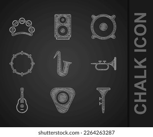 Set Musical instrument saxophone, Guitar pick, Drum and drum sticks, Trumpet, Tambourine, Stereo speaker and  icon. Vector
