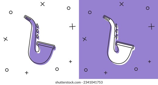 Ajuste el icono saxofón instrumento musical aislado sobre fondo blanco y púrpura.  Vector