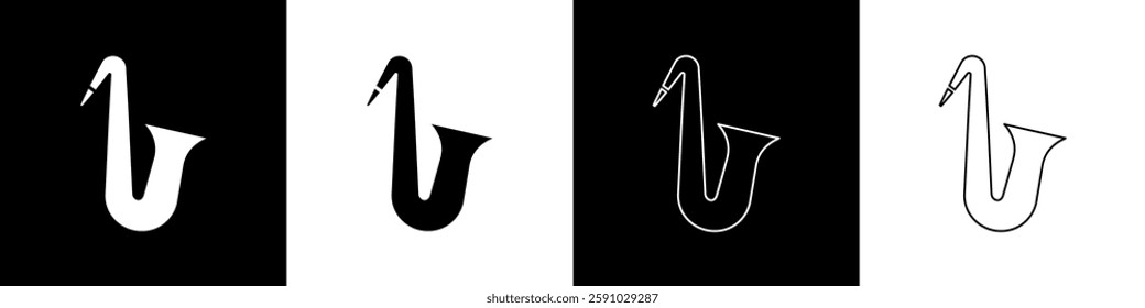 Set Musical instrument saxophone icon isolated on black and white background.  Vector