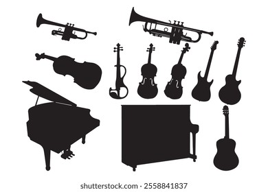 set of musical instrument silhouettes isolated on white background