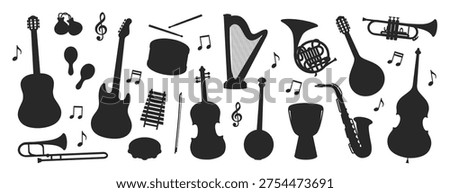 Set of musical instrument silhouettes. Simple black stickers with guitar, violin, cello, maracas, trumpet, drum, saxophone and harp. Flat vector illustration collection isolated on background

