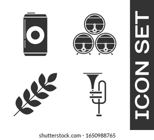 Set Musical instrument trumpet, Beer can, Cereals set with rice, wheat, corn, oats, rye, barley and Wooden barrel on rack with stopcock icon. Vector