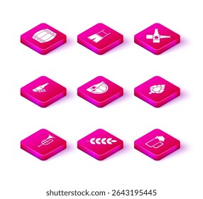 Set Musical instrument trumpet, Cereals set with rice, wheat, corn, oats, rye, barley, Beer bottle, and wooden barrel, Glass of beer, Hop, Crossed and Lederhosen icon. Vector