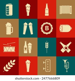 Set Musical instrument trumpet, Crossed beer bottle, Salami sausage, Beer, Glass of, can and Bottle cap with inscription icon. Vector