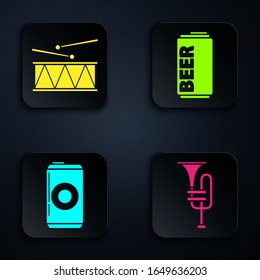 Set Musical instrument trumpet, Musical instrument drum and drum sticks, Beer can and Beer can. Black square button. Vector