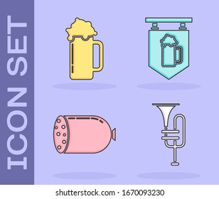Set Musical instrument trumpet, Glass of beer, Salami sausage and Street signboard with glass of beer icon. Vector