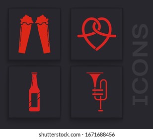 Set Musical instrument trumpet, Glass of beer, Pretzel and Beer bottle icon. Vector