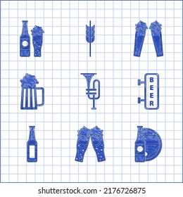 Set Musical instrument trumpet, Glass of beer, Beer bottle and wooden barrel, Street signboard with inscription, Wooden mug,  and glass icon. Vector