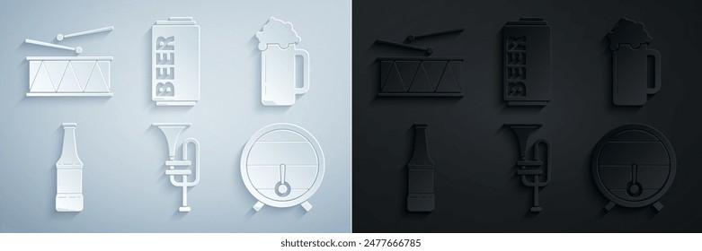 Set Musical instrument trumpet, Glass of beer, Beer bottle, Wooden barrel on rack with stopcock, can and drum and drum sticks icon. Vector