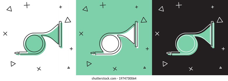 Set Musical instrument trumpet icon isolated on white and green, black background.  Vector
