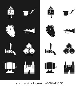 Set Musical instrument trumpet, Steak meat, Retro wall watch, Smoking pipe, Beer tap, Wooden barrels, Lederhosen and on rack icon. Vector