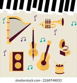 Set of musical instruments. Accordion, guitar, harp, ethnic drums, violin, saxophone. Can be used for orchestras, acoustic concerts, music.