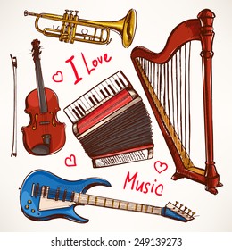Set with Musical instruments. accordion, violin, bass guitar. hand-drawn illustration.