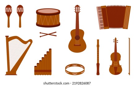 Set of musical instruments. Acoustic, wind and percussion instruments and harmonica. Flat style. Vector illustration