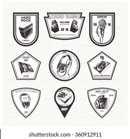 Set of musical instruments badges, emblems, logos and labels. Monochrome style
