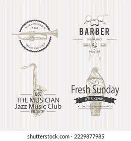 set of musical instruments. barber . ice cream logo emblems, logo, lablel vector design. mix logo collection