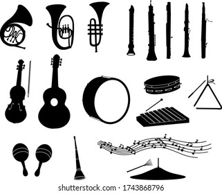 Set of musical instruments, black silhouettes vector ilustration