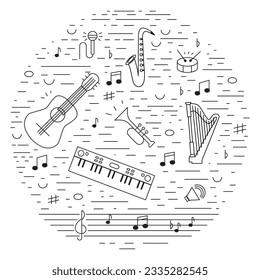 Set of musical instruments black and white in circle. Vector illustration EPS10