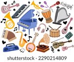 Set of musical instruments in cartoon style on the white background. 