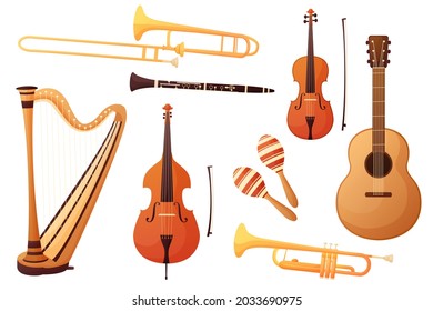 Set of musical instruments in cartoon style. Isolated on white background. Orexter vector illustration. Wind, strings, classical instruments. Music and art
