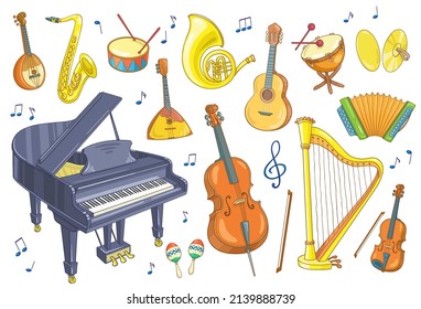 Set of musical instruments. In cartoon style. Isolated on white background. Vector illustration.