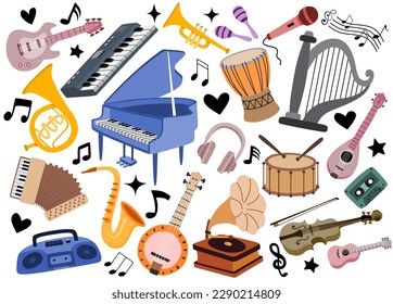 Set of musical instruments in cartoon style on the white background. 